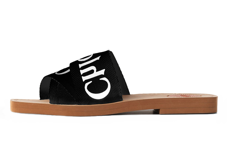 (Women) Chloe Woody Canvas Flat 'Black Open-Toe' CHC19U18808001