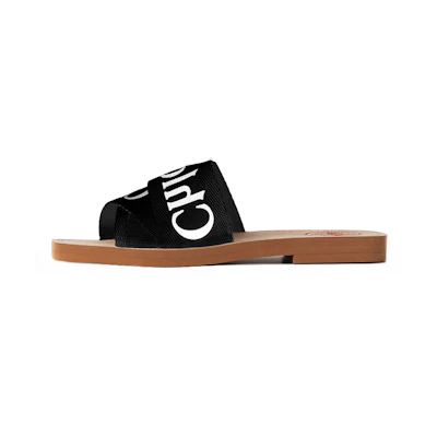 (W) Chloe Woody Canvas Flat 'Black Open-Toe'