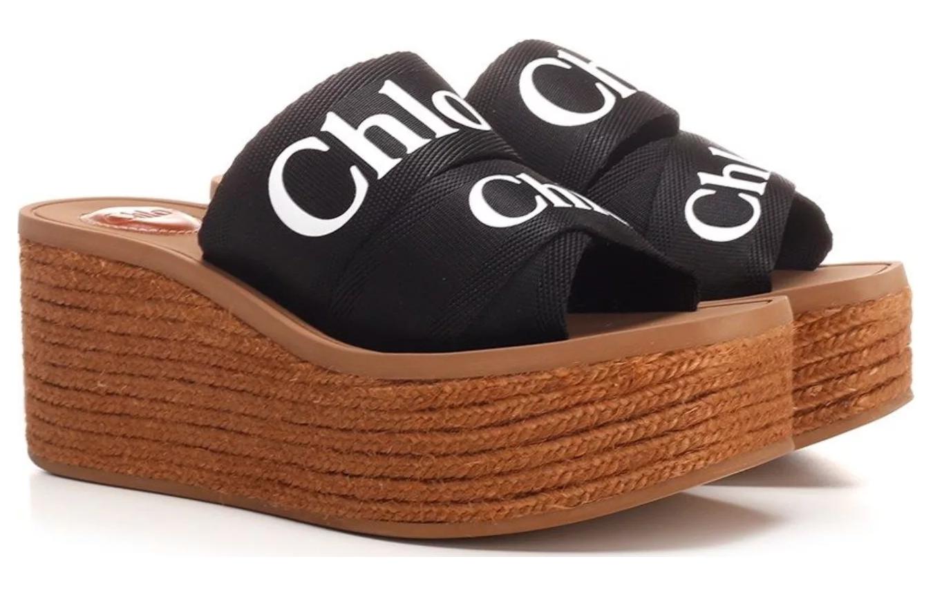 Shop (W) Chloe Woody 帆布时尚坡跟凉鞋 '黑色' CHC21U44908001