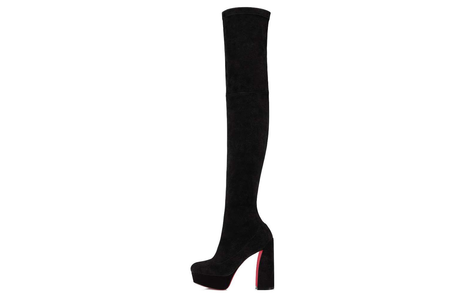 (W) Christian Louboutin Christian Loubourtin Velvet Zip Chunk Heel High Boots 10cm 'Black'