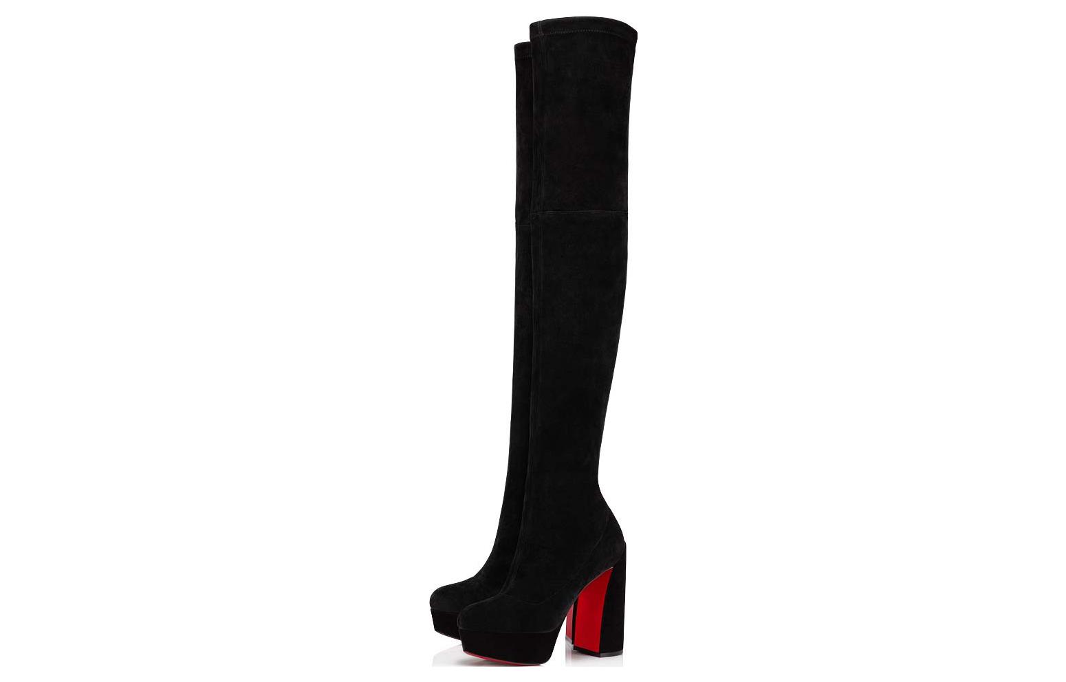 (W) Christian Louboutin Christian Loubourtin Velvet Zip Chunk Heel High Boots 10cm 'Black' 圖 3