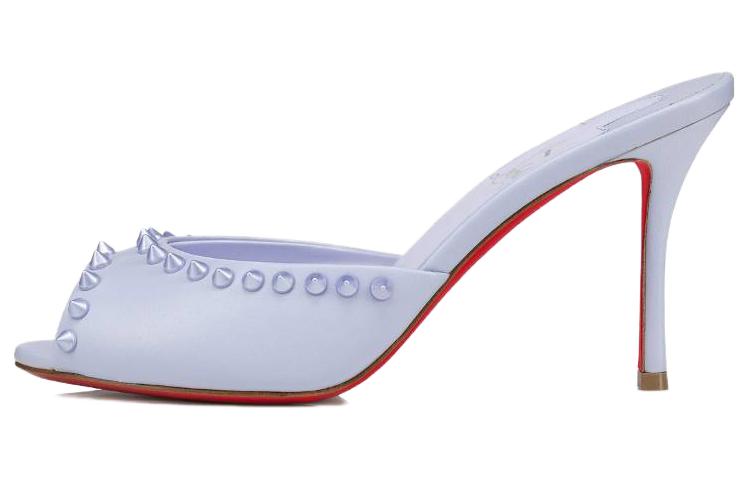 (Women) Christian Louboutin CL Leather Stiletto Peep-Toe Slide 'Light Blue Studs' 1231121L277