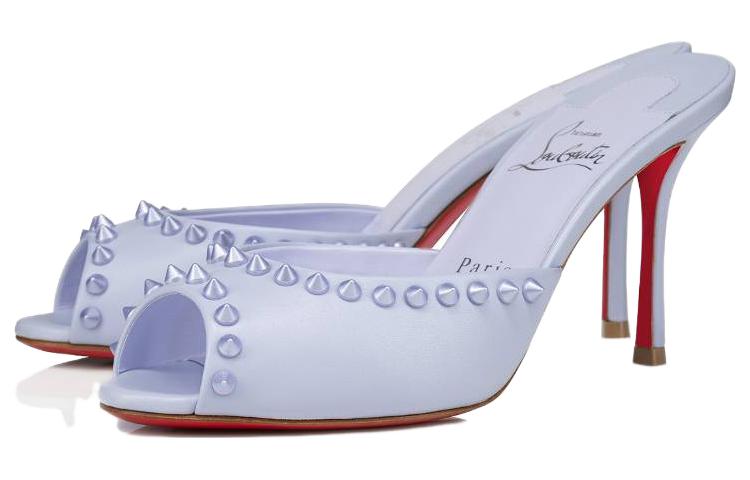 Order CL路鉑廷 皮革 時尚鉚釘細高跟魚嘴 一字拖鞋 8.5cm 女款 淺藍