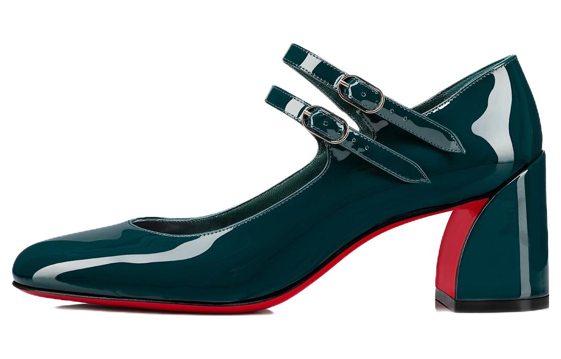 (W) Christian Louboutin CL Patent Leather Buckle Round Toe Chunky Heel 'Green'