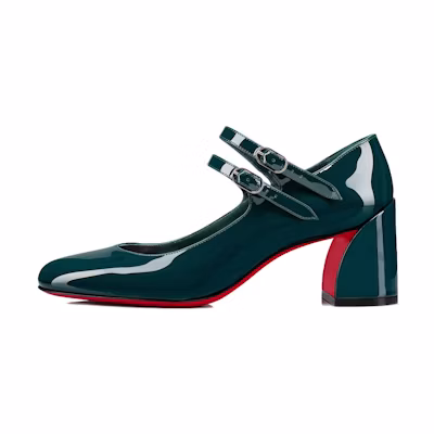 (W) Christian Louboutin CL Patent Leather Buckle Round Toe Chunky Heel 'Green'