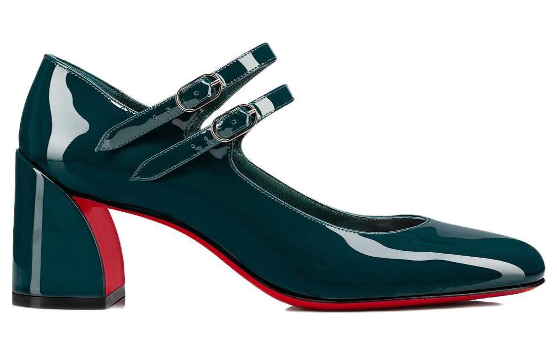 (W) Christian Louboutin CL Patent Leather Buckle Round Toe Chunky Heel 'Green' 圖 2