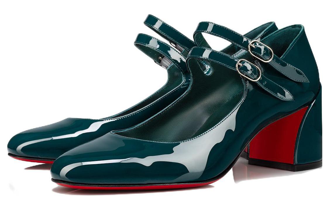 (W) Christian Louboutin CL Patent Leather Buckle Round Toe Chunky Heel 'Green' 圖 3