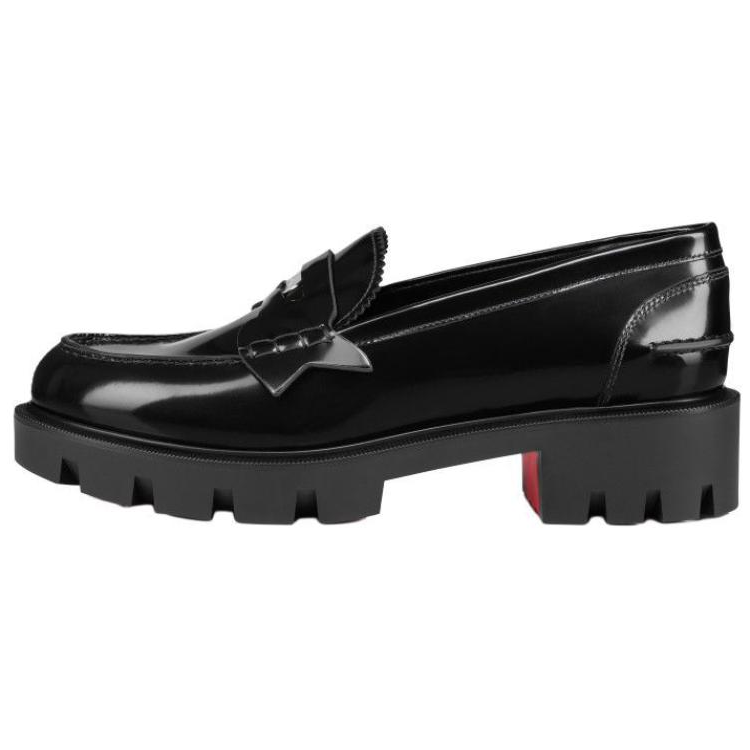(Women) Christian Louboutin CL Penny Lug Black Leather Loafers Round Toe Slip-on 3240725B439