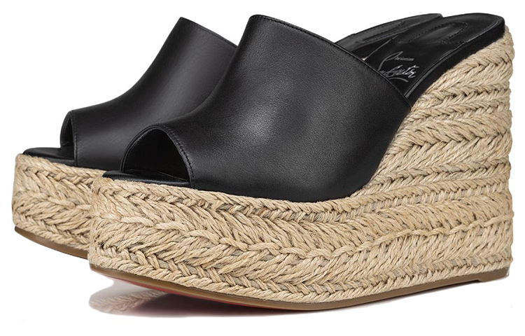 Order (Women) Christian Louboutin CL Platine Ariella Zeppa 'Black Platform Peep-Toe Slides' 3230184T339