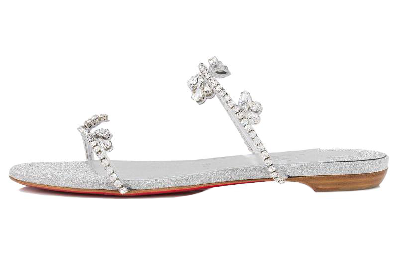 (W) Christian Louboutin CL Platine Leather Slides 'Silver' 'Elegant Sequins CMFT Flat'