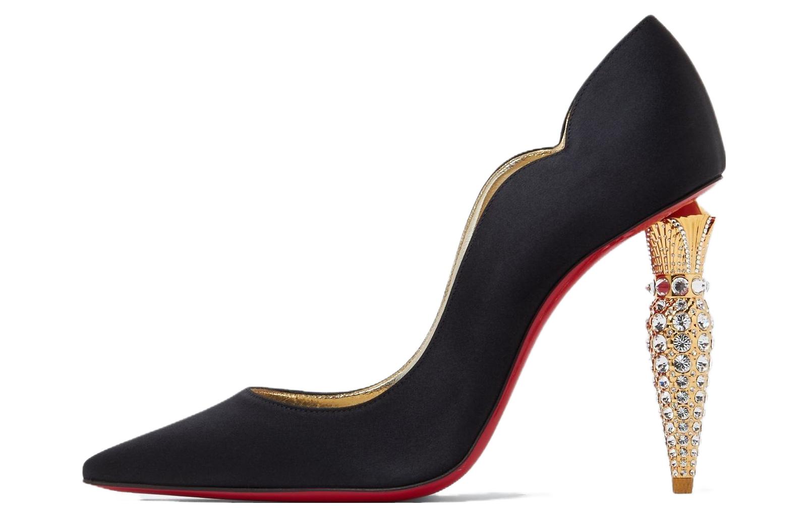 (Women) Christian Louboutin CL Satin Black 'Rhinestone Embellished Chunky Heel' 1230540T853
