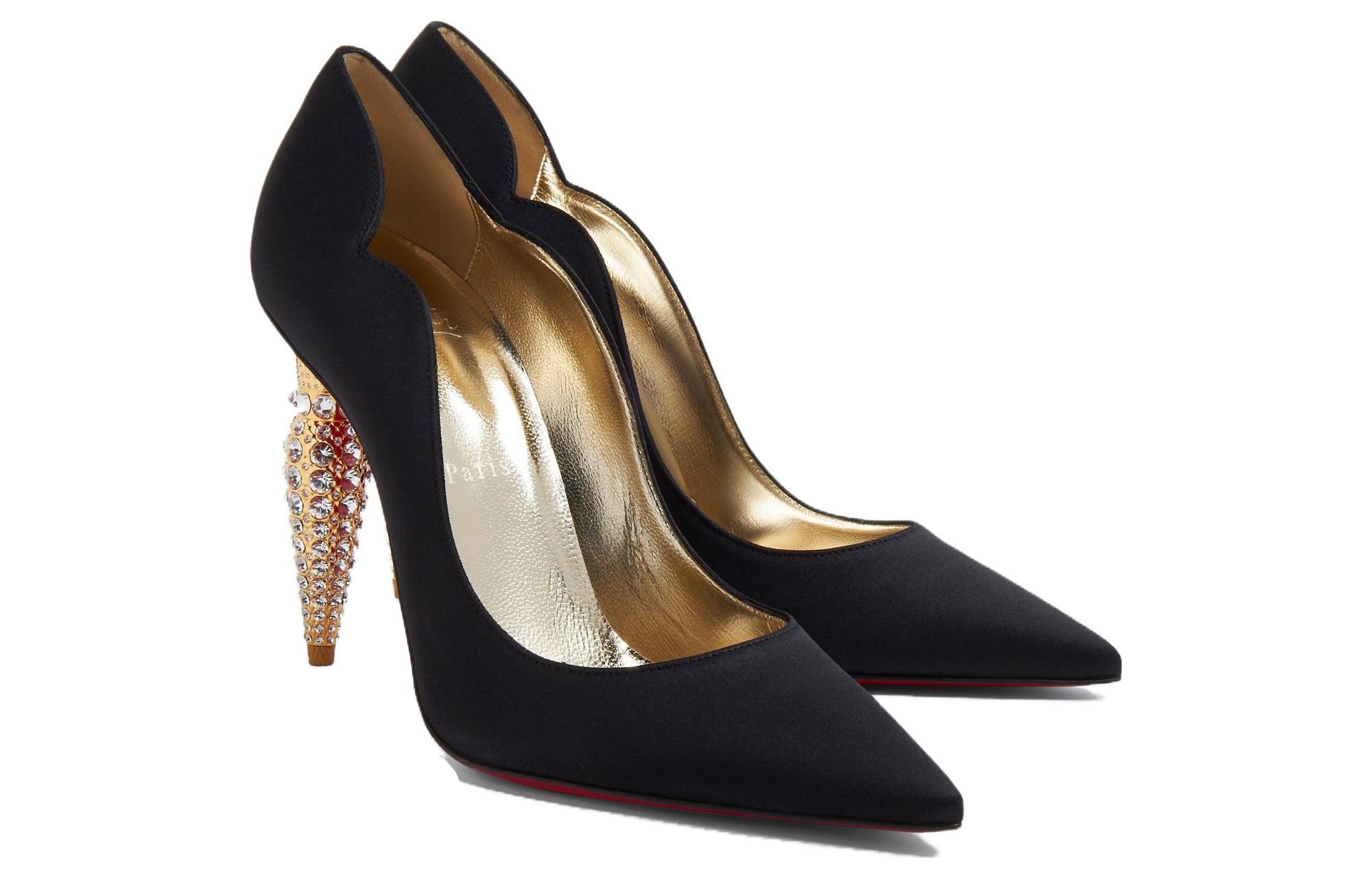 Order (W) Christian Louboutin CL Satin Hitam 'Tumit Chunky Berhias Rhinestone' 1230540T853