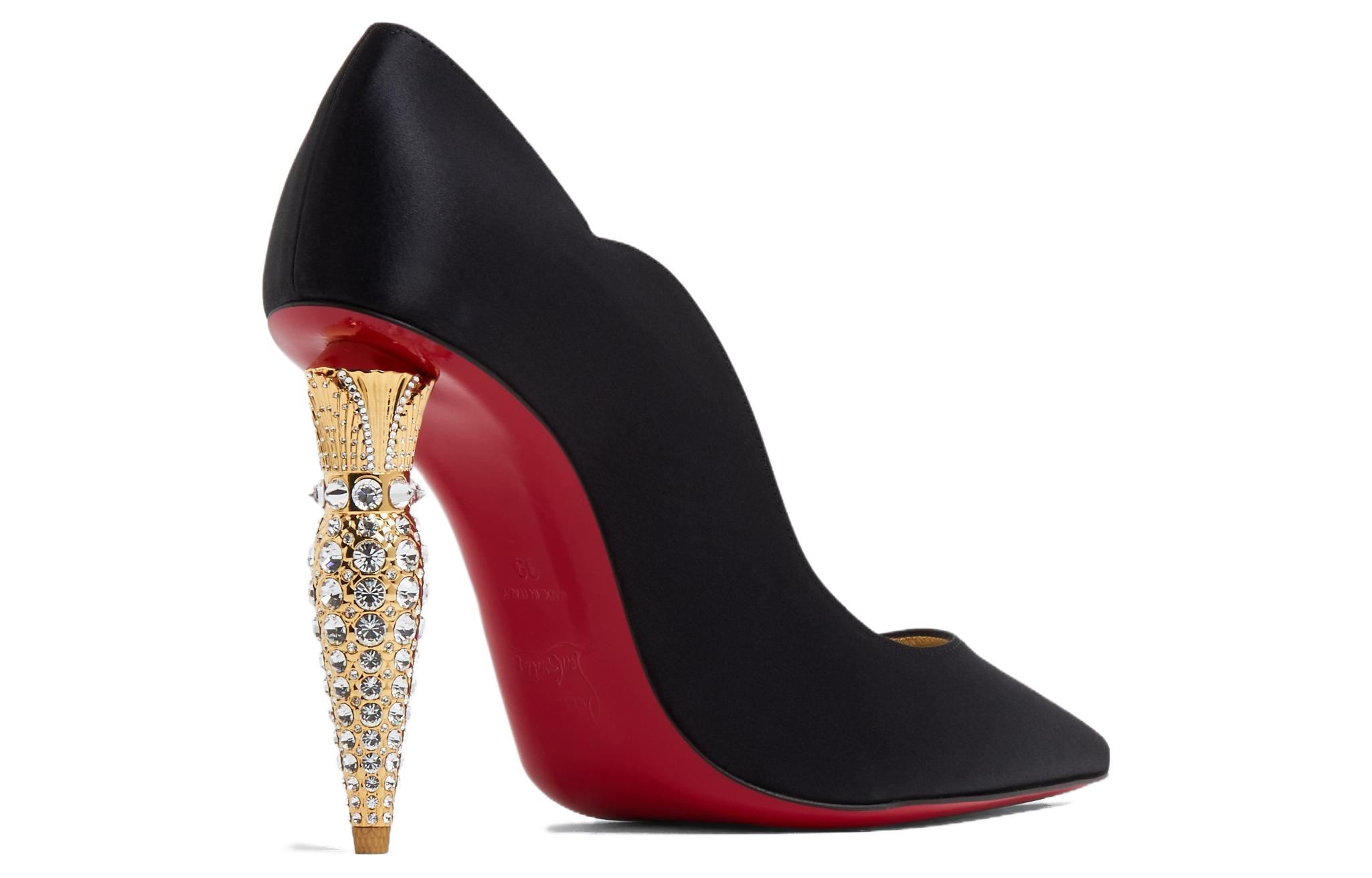 Shop (W) Christian Louboutin CL Satin Hitam 'Tumit Chunky Berhias Rhinestone' 1230540T853