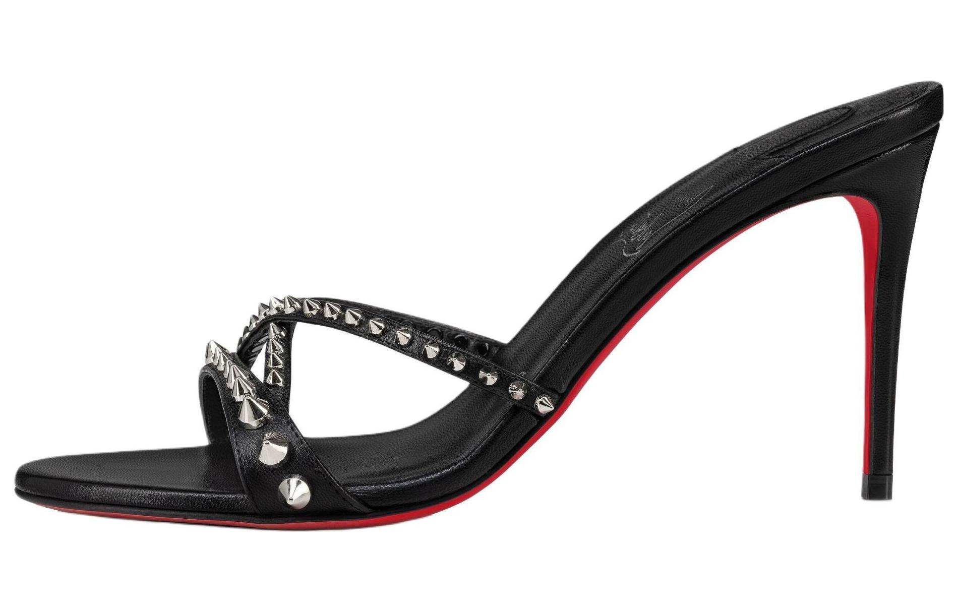 (Women) Christian Louboutin CL Tatoosh Spikes Calfskin Tattoo Slide-On Open-Toe Heels Black 3240181B439