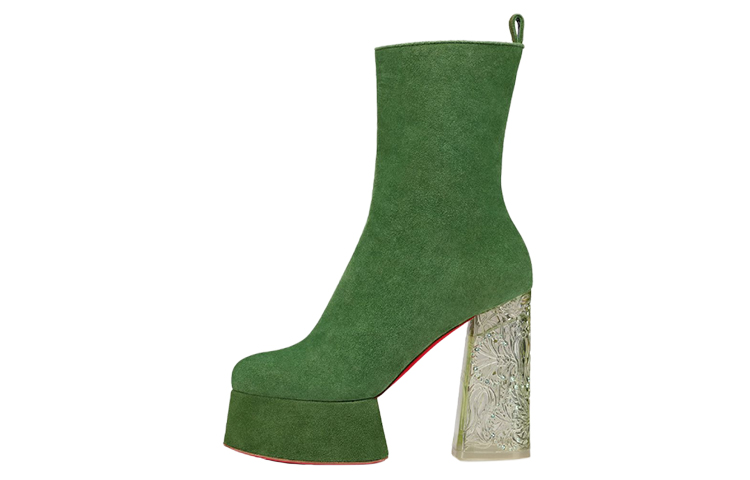 (Women) Christian Louboutin CL Velvet Boot 'Green' 'Fashion Chunky Heel' 3221151E535