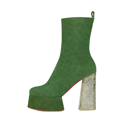 (W) Christian Louboutin CL Velvet Boot 'Green' 'Fashion Chunky Heel'