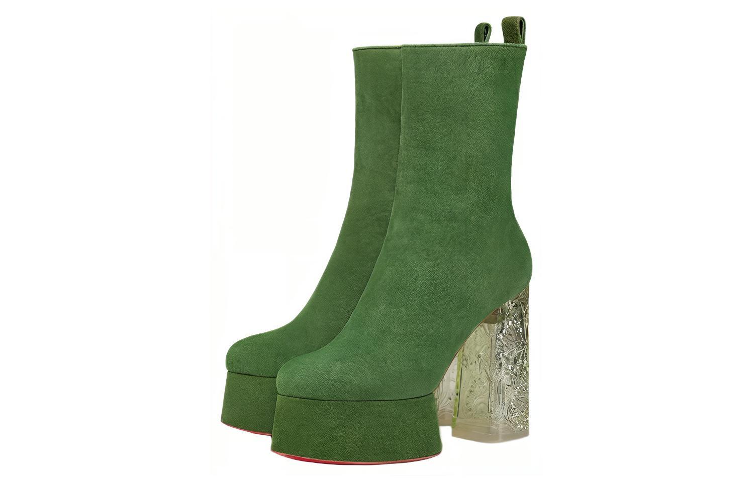 Lookbook (Women) Christian Louboutin CL Velvet Boot 'Green' 'Fashion Chunky Heel' 3221151E535