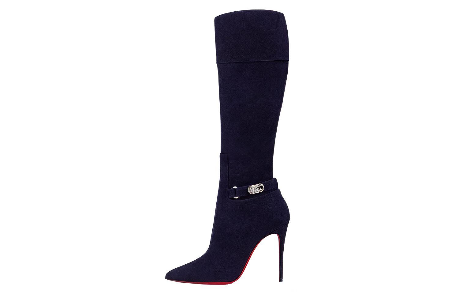 (Women) Christian Louboutin CL Velvet Pointed-Toe High Boot 'Blue' 3220836U008