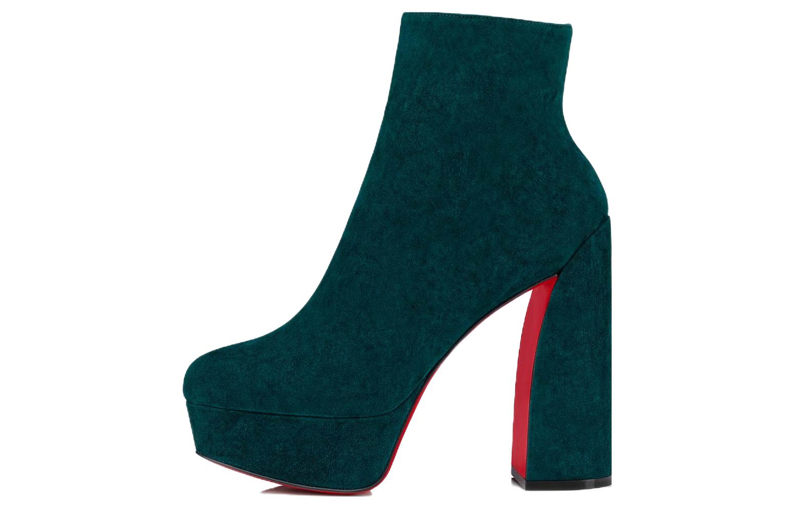 (Women) Christian Louboutin CL Velvet Zip Block Heel Ankle Boot 'Deep Green' 1220453E287