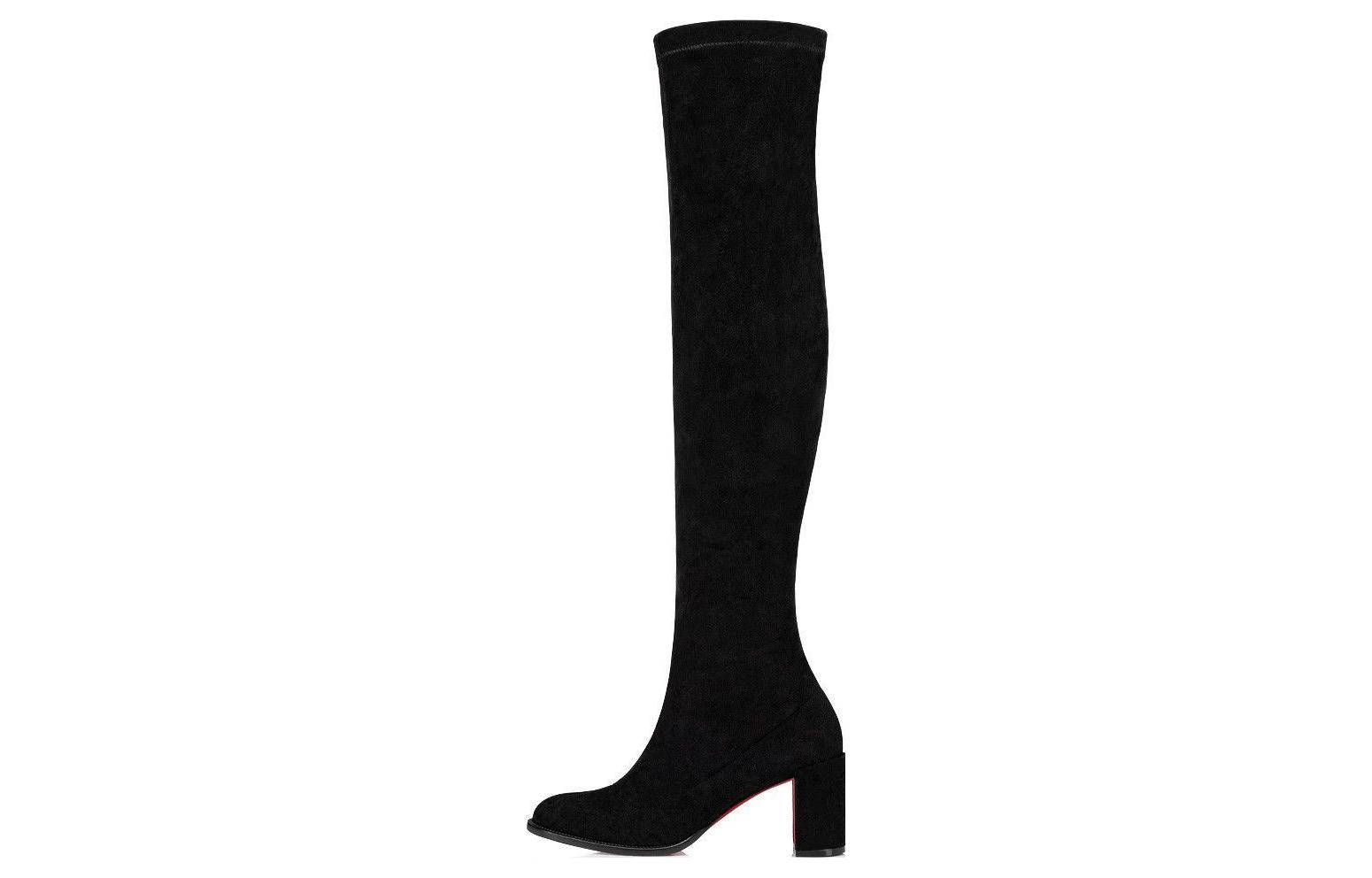(Women) Christian Louboutin CL x Louboutin Velvet Zip Round Toe Block Heel Thigh High Boots 7cm 'Black' 3230745BK01