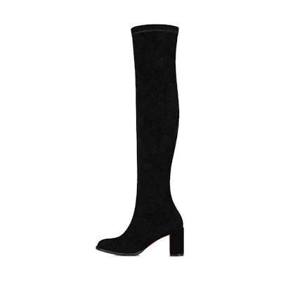 (W) Christian Louboutin CL Louboutin Velvet Zip Round Toe Block Heel Thigh High Boots 7cm 'Black'