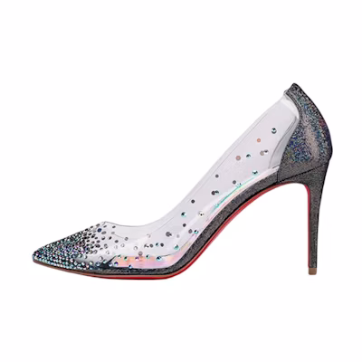 (W) Christian Louboutin Degrastrass PVC 'Crystal Pointed-Toe Silver'
