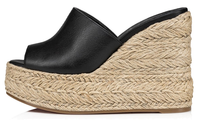 (Women) Christian Louboutin Leather Slip-On Wedge Sandals 'Black' 3230570T339