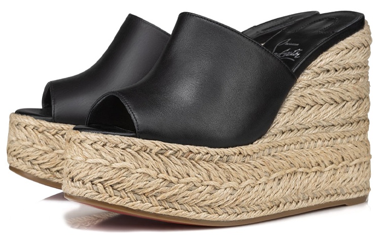 Order CL路鉑廷 皮革 套腳坡跟 一字拖鞋 13cm 女款 黑色