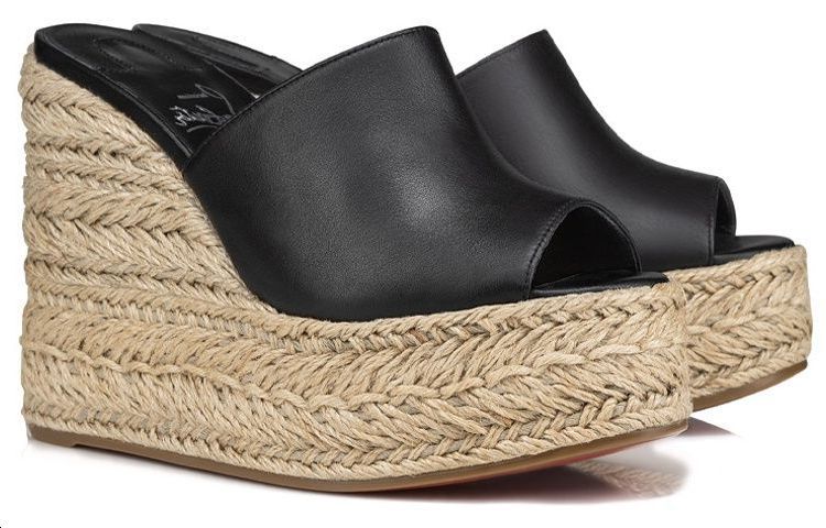 Lookbook CL路鉑廷 皮革 套腳坡跟 一字拖鞋 13cm 女款 黑色