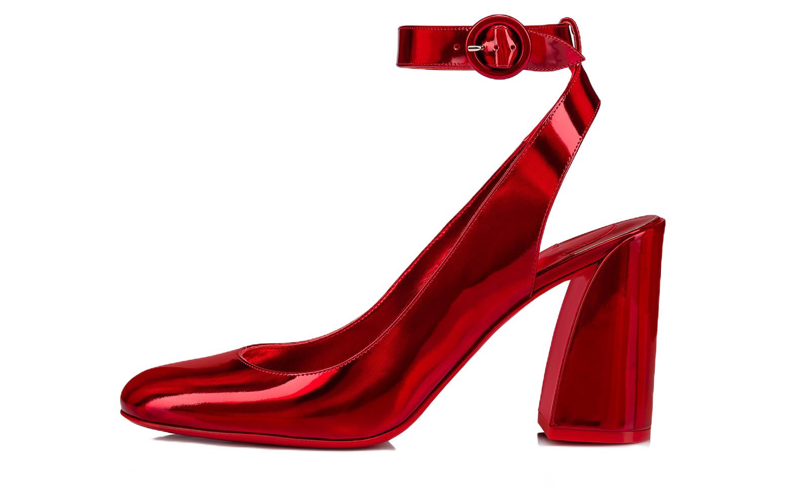 (W) Christian Louboutin Patent Leather Buckle Round Toe Chunky Heel 'Red'