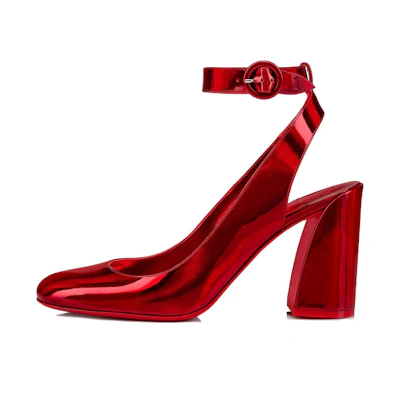 (W) Christian Louboutin Patent Leather Buckle Round Toe Chunky Heel 'Red'