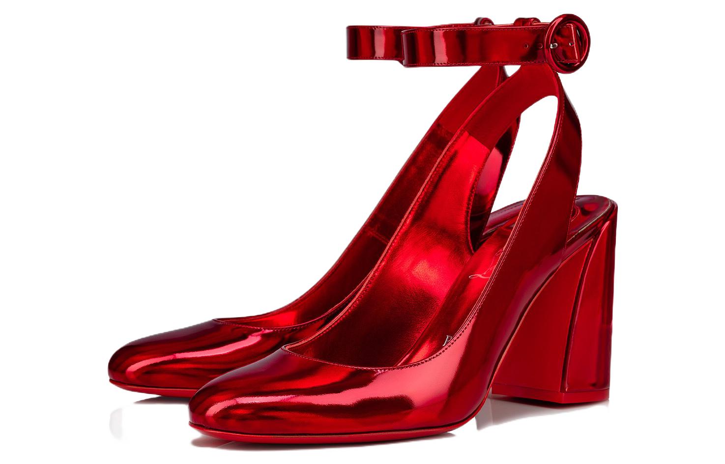 (W) Christian Louboutin Patent Leather Buckle Round Toe Chunky Heel 'Red' 圖 2