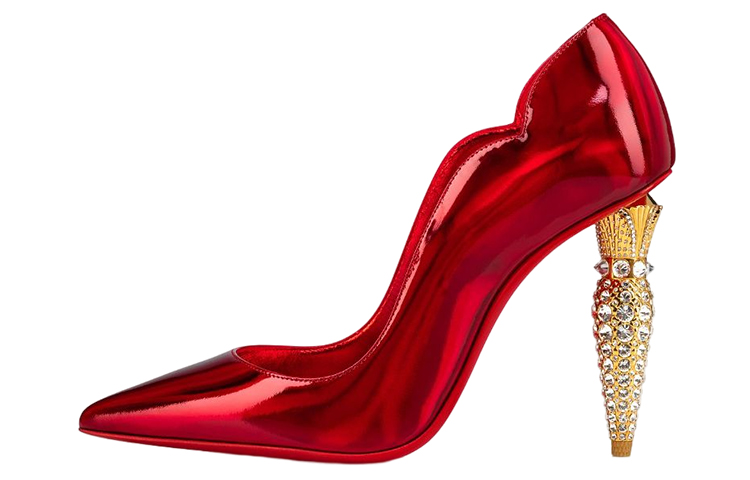(Women) Christian Louboutin Patent Leather Rhinestone-Embellished Block Heel Pumps 'Red' 1230565T940