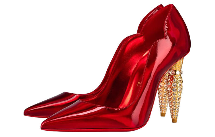 Lookbook (W) Christian Louboutin Kasut Tumit Blok Kulit Berkilat Berlian Buatan 'Merah' 1230565T940