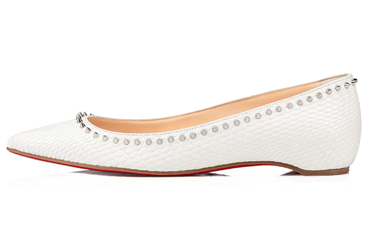 (W) Christian Louboutin Pointed-Toe Studded Flats 'White Red Sole'