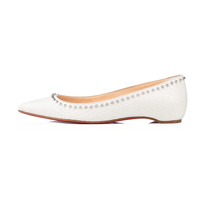(W) Christian Louboutin Pointed-Toe Studded Flats 'White Red Sole'