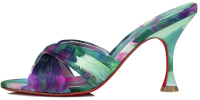 (Women) Christian Louboutin Roger Vivier 'Green Purple Satin Print Stiletto Slides' 3230048J646 (Women) Christian Louboutin Roger Vivier 'Green Purple Satin Print Stiletto Slides' 3230048J646