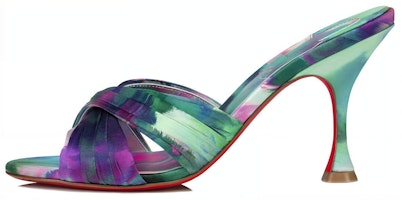 (Women) Christian Louboutin Roger Vivier 'Green Purple Satin Print Stiletto Slides' 3230048J646 (Women) Christian Louboutin Roger Vivier 'Green Purple Satin Print Stiletto Slides' 3230048J646