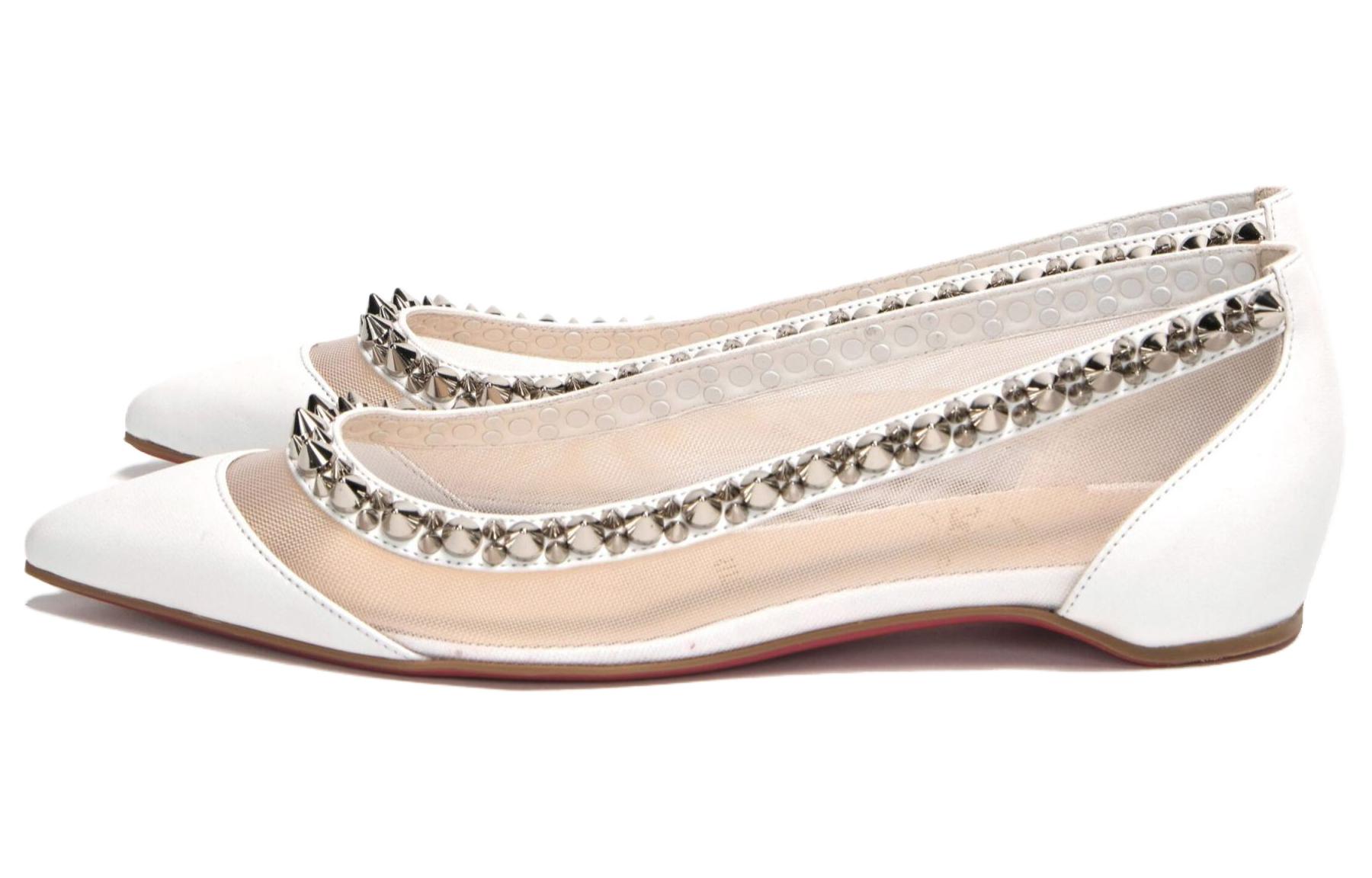 (W) Christian Louboutin Studded Flats 'Silver White'