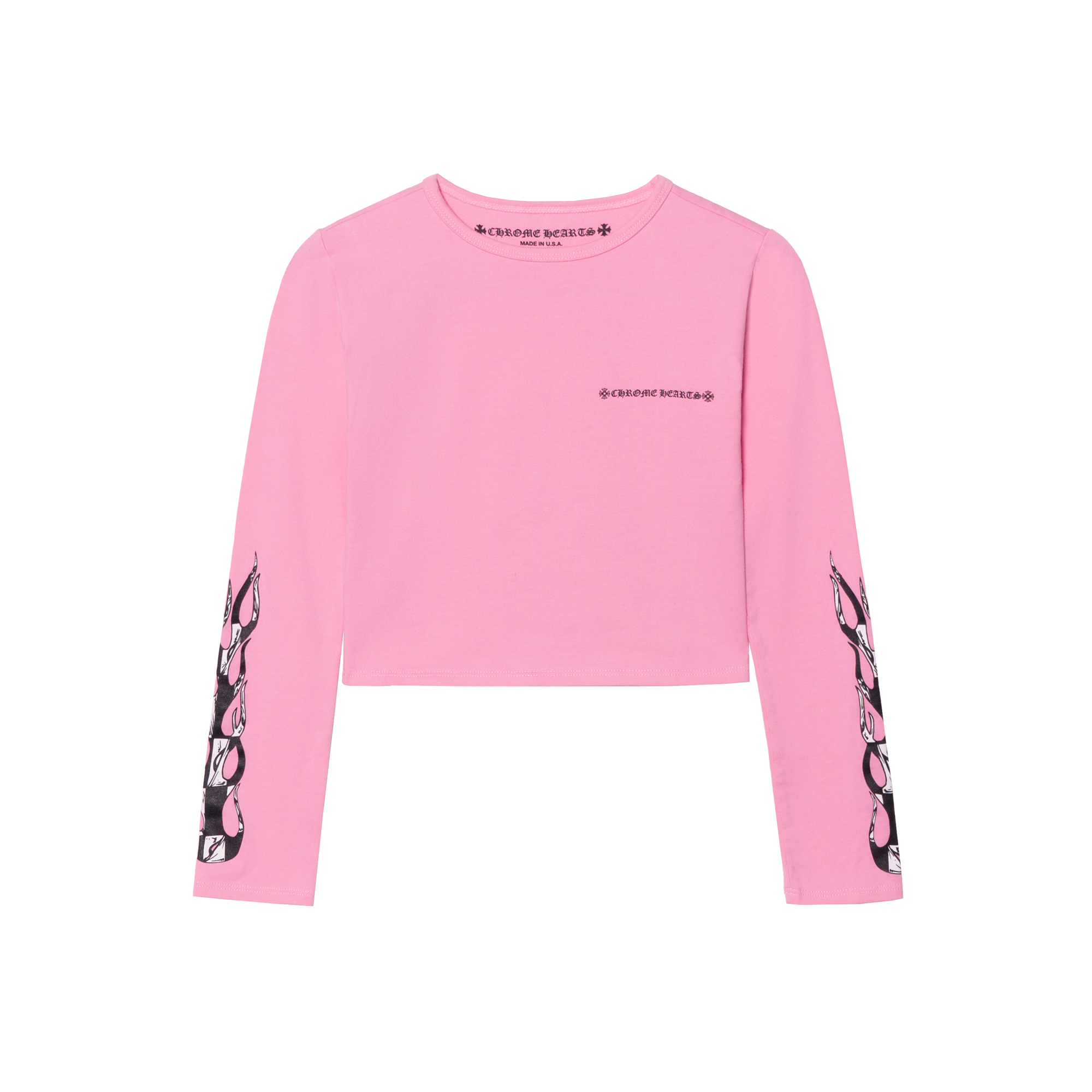 (Women) Chrome Hearts Pink Gothic Logo Flame Graphic Cropped Long-Sleeve T-Shirt ch-061409