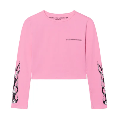 (Women) Chrome Hearts Pink Gothic Logo Flame Graphic Cropped Long-Sleeve T-Shirt ch-061409