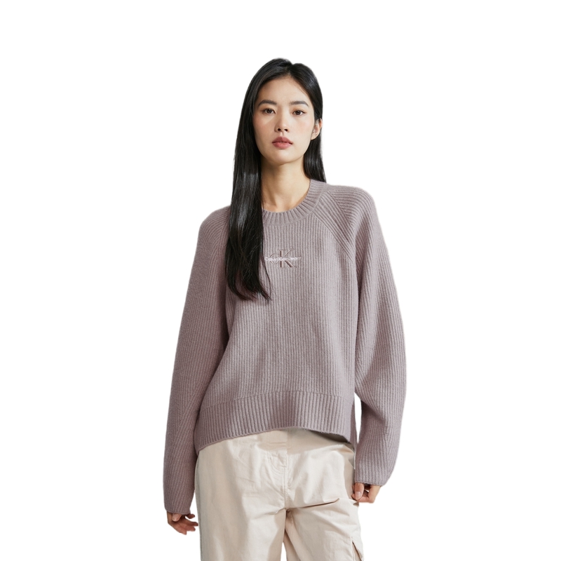 Cheap (Women) CK/Calvin Klein  Solid Color Knit Pullover Crewneck Sweater with Logo. J223409