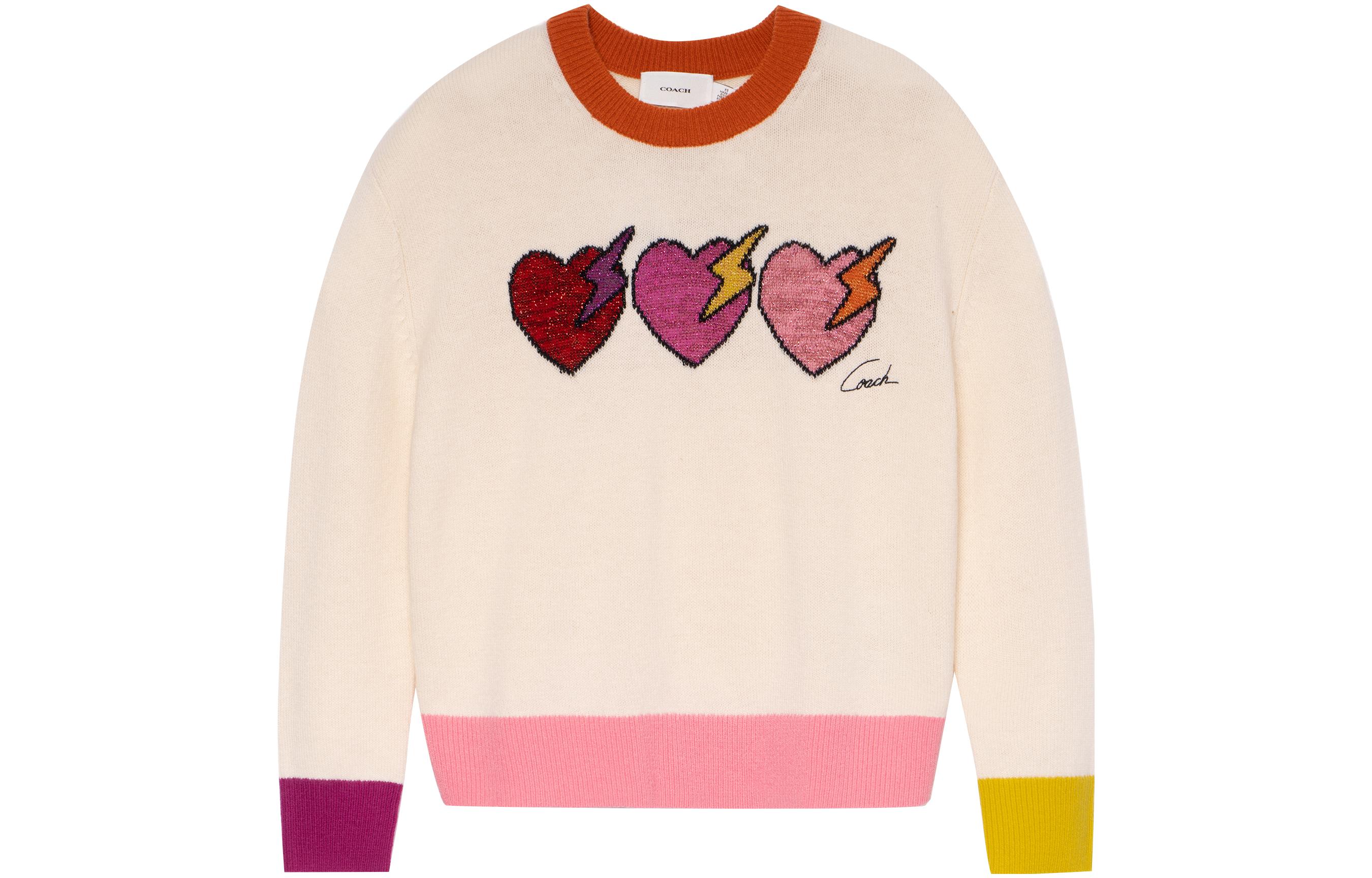 (Women) COACH  Beige Color-Block Heart Embroidered Crewneck Sweater. C6557-CRM