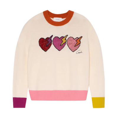 (Women) COACH Beige Color-Block Heart Embroidered Crewneck Sweater. C6557-CRM