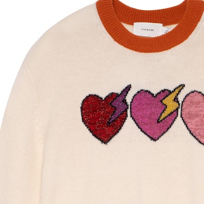 (W) コーチ ベージュ カラーブロック ハート刺繍 クルーネックセーター. C6557-CRM Details for (W) コーチ ベージュ カラーブロック ハート刺繍 クルーネックセーター. C6557-CRM