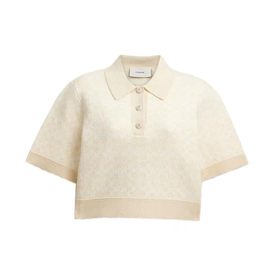 (Women) COACH Beige Short Sleeve Button-Up Sporty Polo Shirt. CK040-CU3