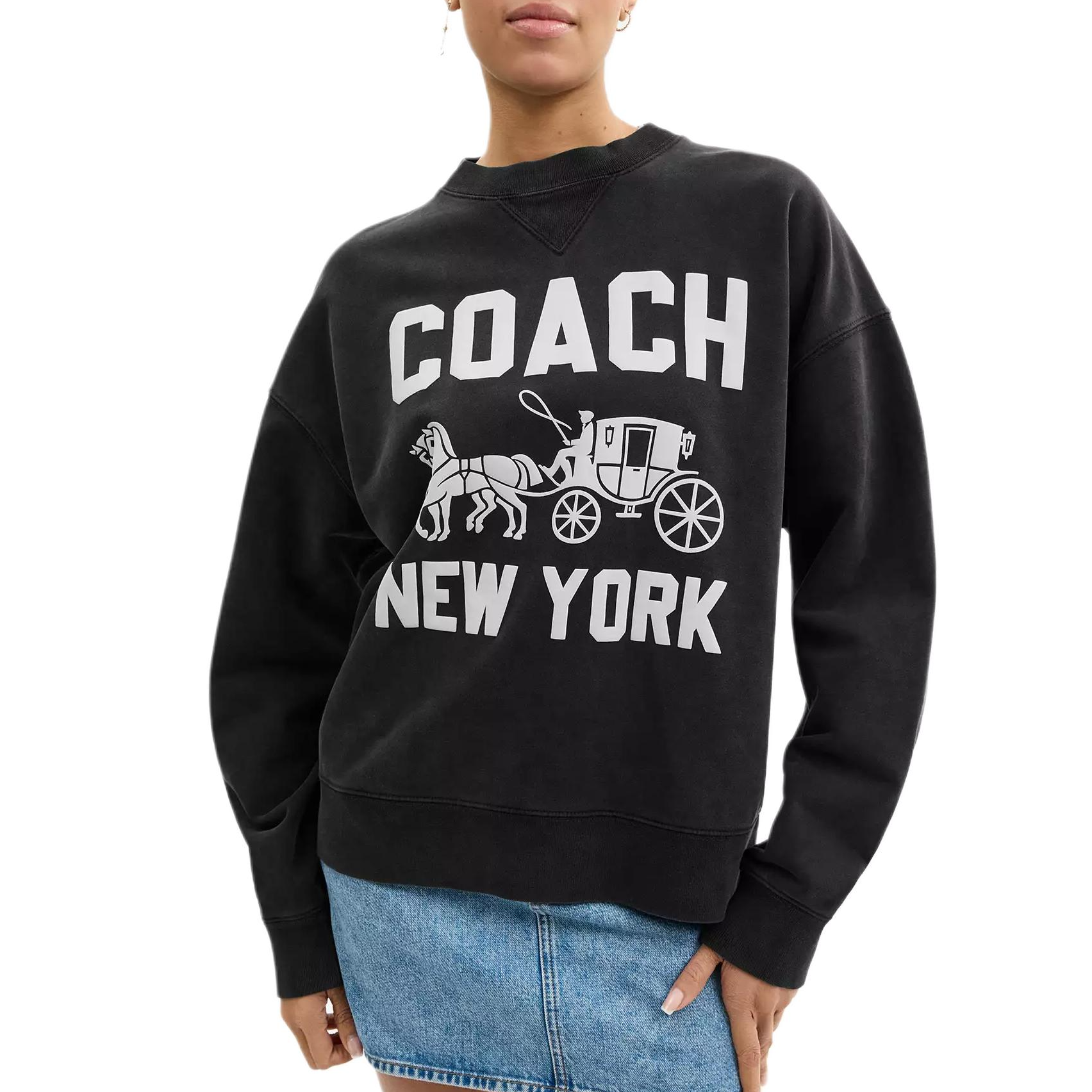Lookbook (Women) COACH  Black Cotton Sweatshirt with Carriage Print - Loose Fit. CBD22-BLK