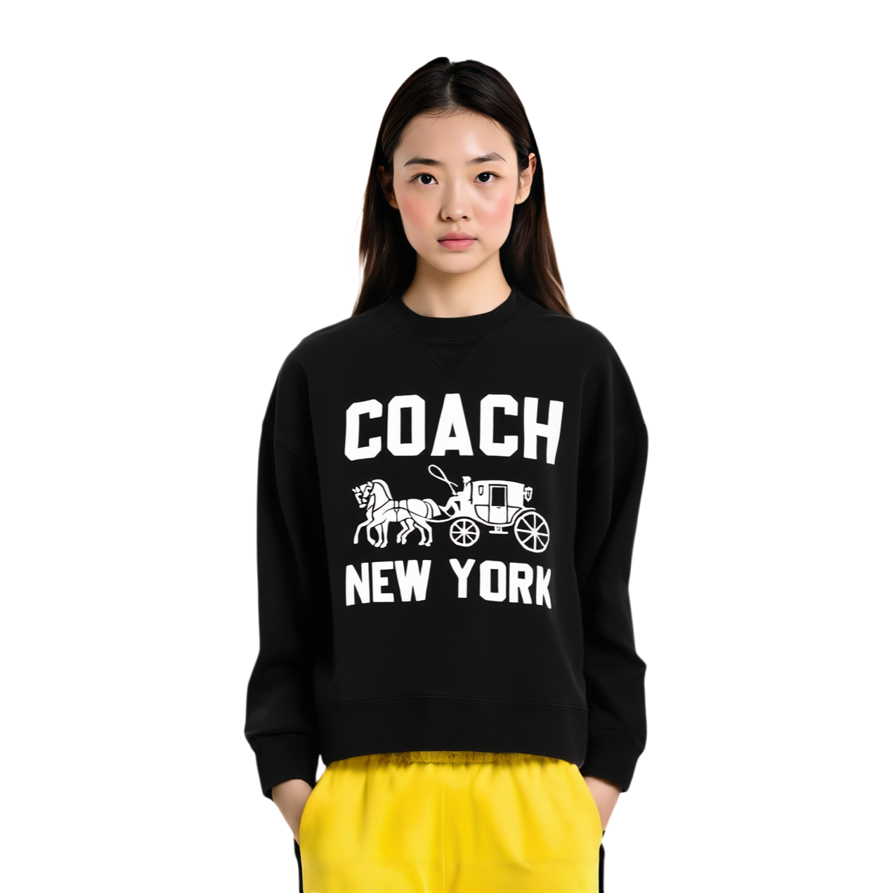 Sizing (Women) COACH  Black Cotton Sweatshirt with Carriage Print - Loose Fit. CBD22-BLK