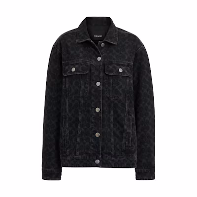(Women) COACH Black Denim Jacket with Solid Logo Print and Point Collar. CL264-BLK