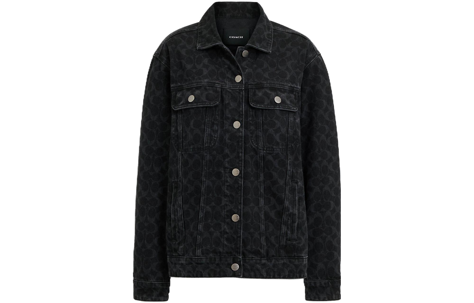 Order (W) COACH Jaket Denim Hitam dengan Logo Solid dan Kerah Lancip. CL264-BLK